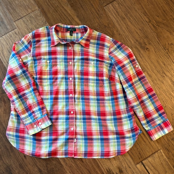 Ralph Lauren Jeans Co. Red Blue Yellow Plaid Cotton Button Down Shirt Women's 2X - Picture 1 of 11